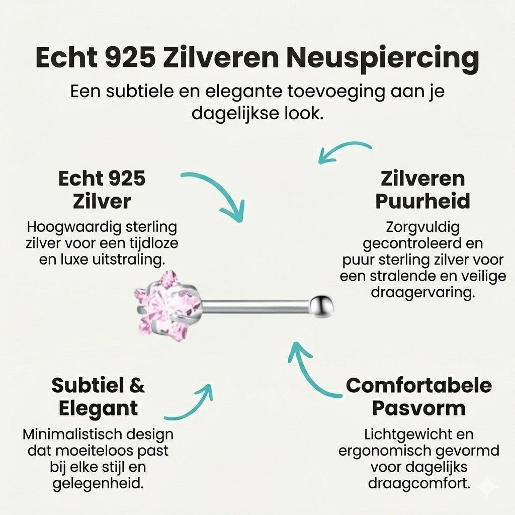 Aramat Jewels neuspiercing met roze zirkonia in stervorm, gemaakt van glanzend zilverkleurig metaal.