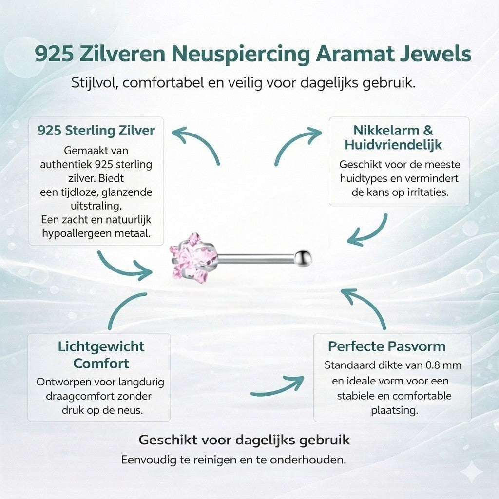 Aramat Jewels zilverkleurige neuspiercing met roze zirkonia in stervorm, geschikt voor dagelijks gebruik.