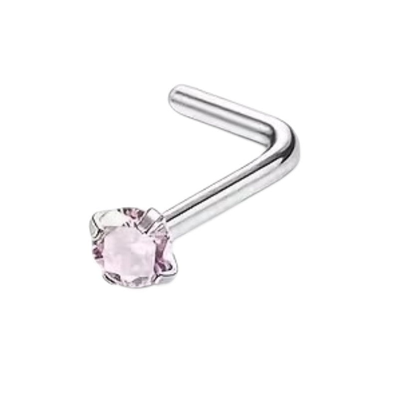 Aramat Jewels neuspiercing van chirurgisch staal met een roze ronde zirkonia van 2mm op een L-vormig staafje.