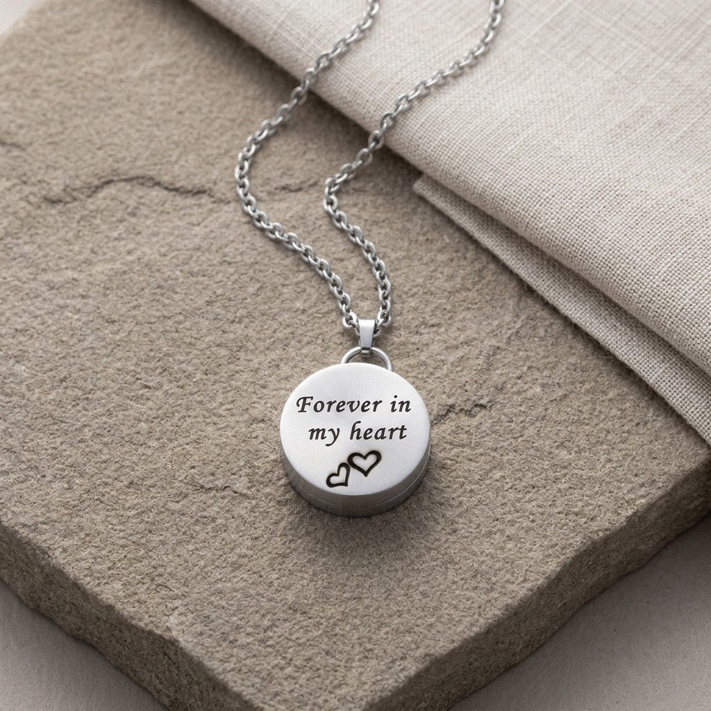 Aramat Jewels zilverkleurige RVS ashanger met de tekst 'Forever in my heart' en twee hartjes, inclusief 50cm ketting.