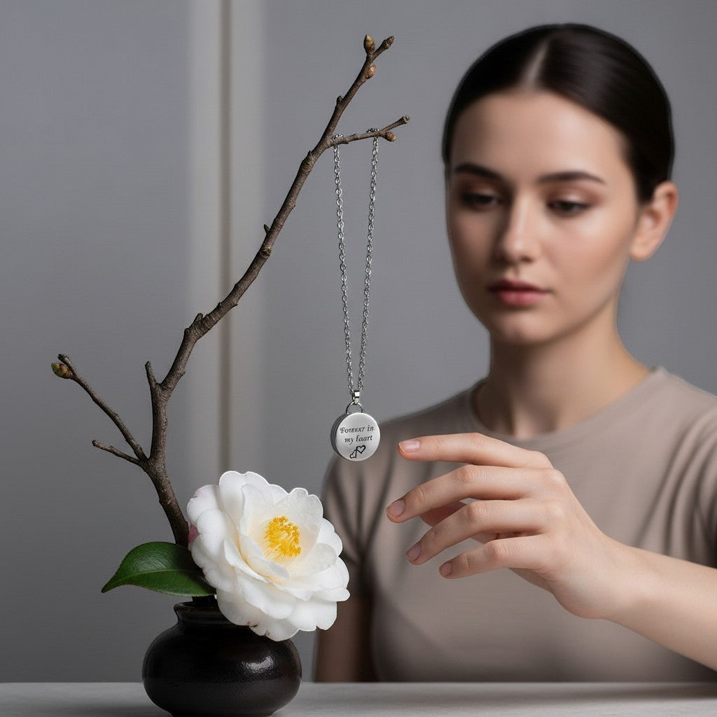 Aramat Jewels zilverkleurige RVS ashanger in hartvorm met de tekst 'Forever in my heart' en twee hartjes. Inclusief 50cm ketting.