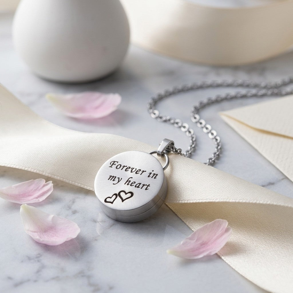 Aramat Jewels zilverkleurige RVS ashanger in hartvorm met de tekst 'Forever in my heart' en twee hartjes. Inclusief 50cm ketting.