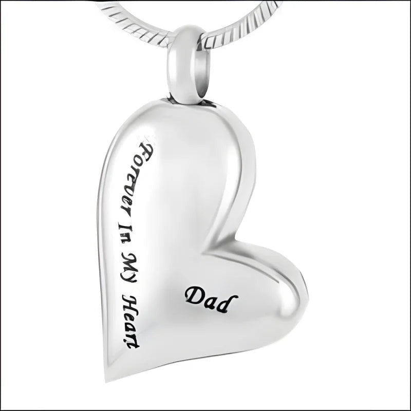 Aramat Jewels® zilverkleurige RVS ashanger in hartvorm met de tekst "Forever In My Heart" en "Dad".