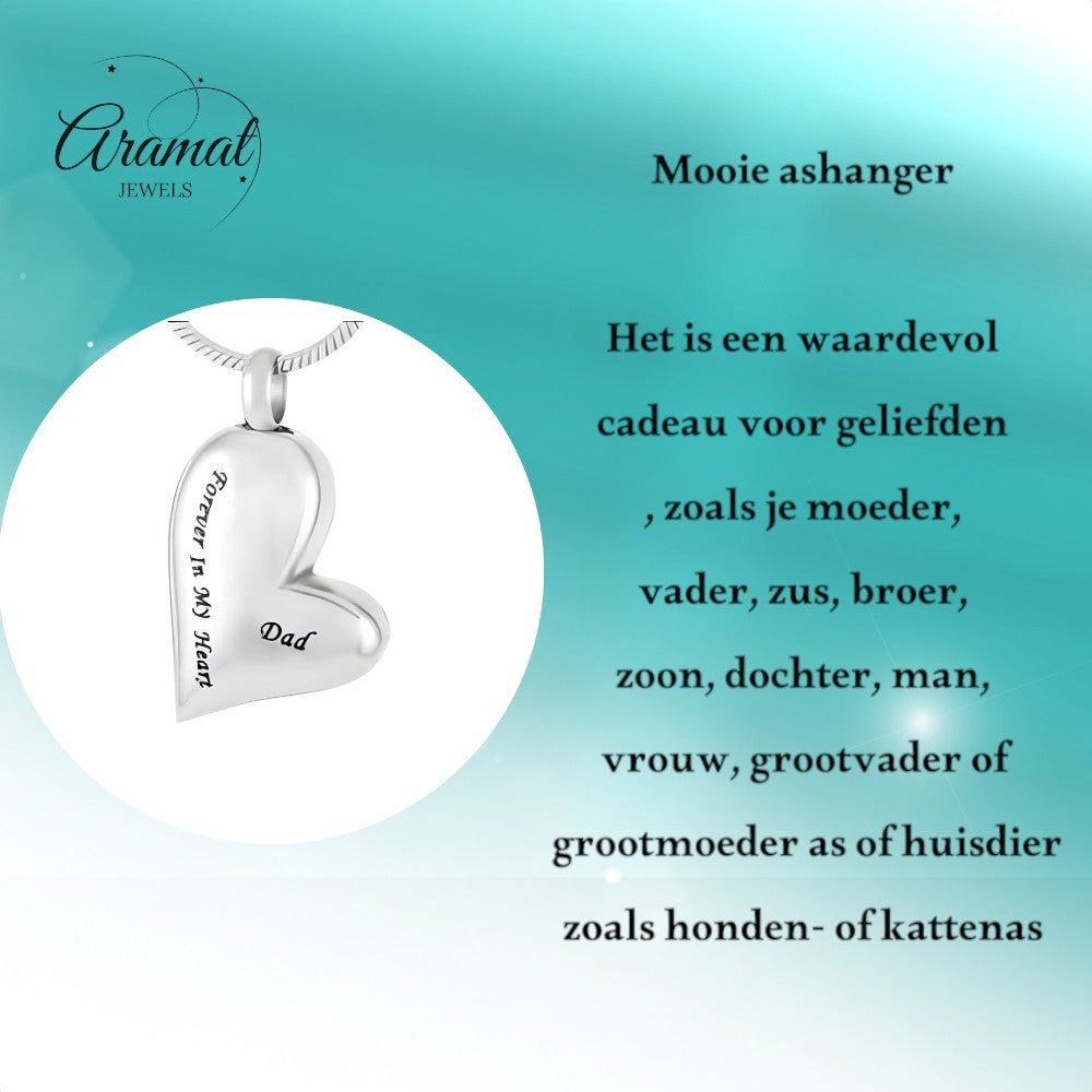 Aramat Jewels RVS hartvormige ashanger met de tekst 'Dad' en 'Forever In My Heart'. Gedenksieraad zonder ketting.