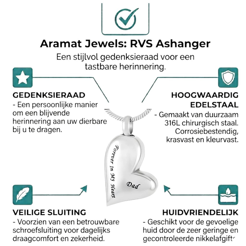 Aramat Jewels RVS hartvormige ashanger met de tekst 'Forever In My Heart' en 'Dad'. Gedenksieraad zonder ketting.
