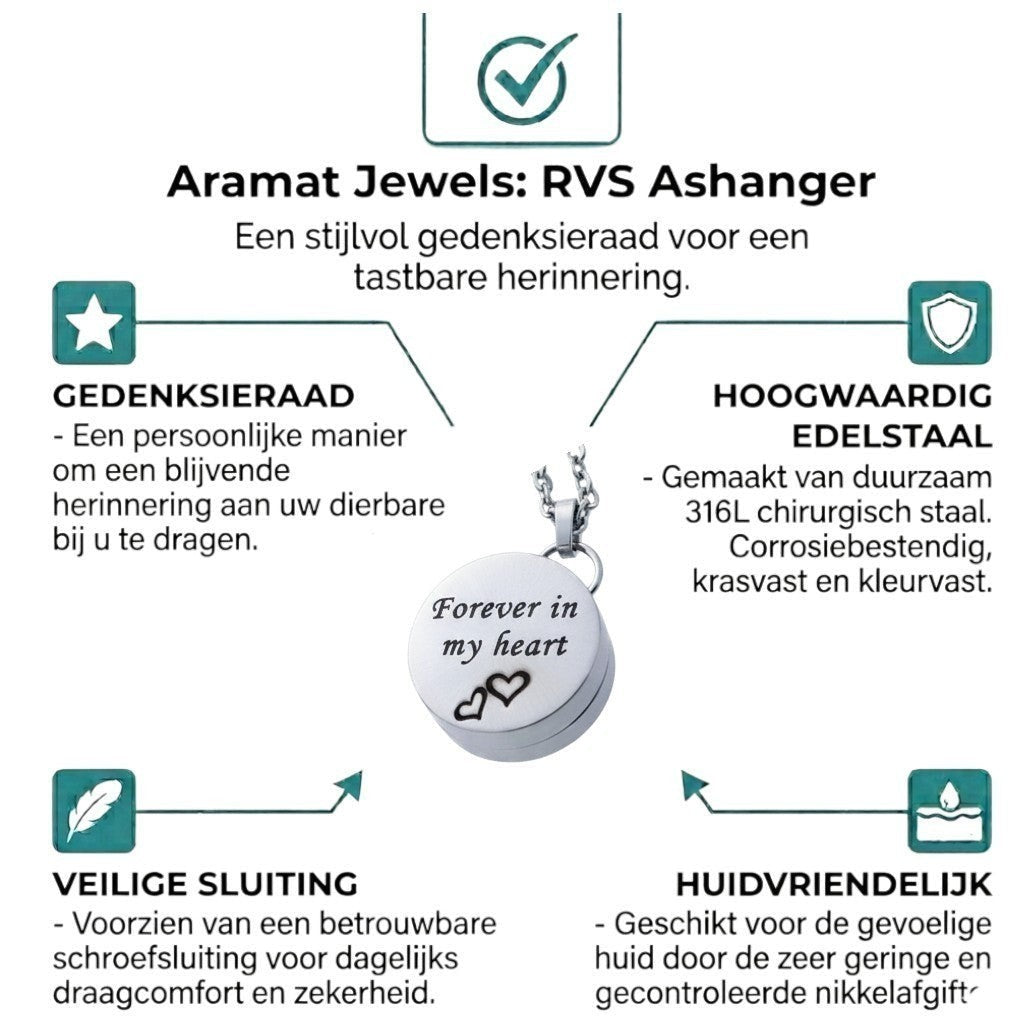 Aramat Jewels zilverkleurige RVS ashanger in hartvorm met 'Forever in my heart' gravure en twee hartjes. Inclusief 50cm ketting.