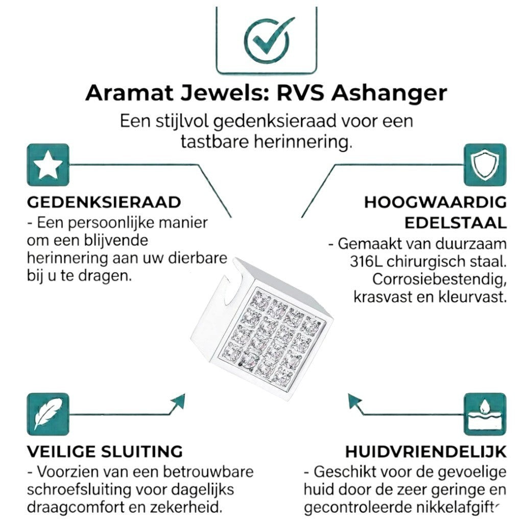 Aramat Jewels RVS ashanger kubus 12mm met zirkonia steentjes, waterbestendig en huidvriendelijk.