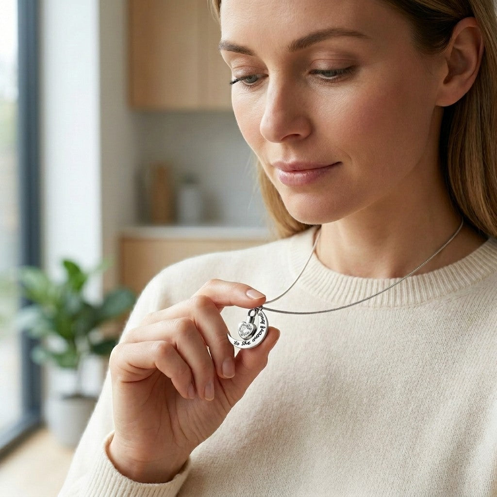 Aramat Jewels ashanger met de tekst 'Grandpa To The Moon and Back', hartvormig met zirkonia, van roestvrij staal.