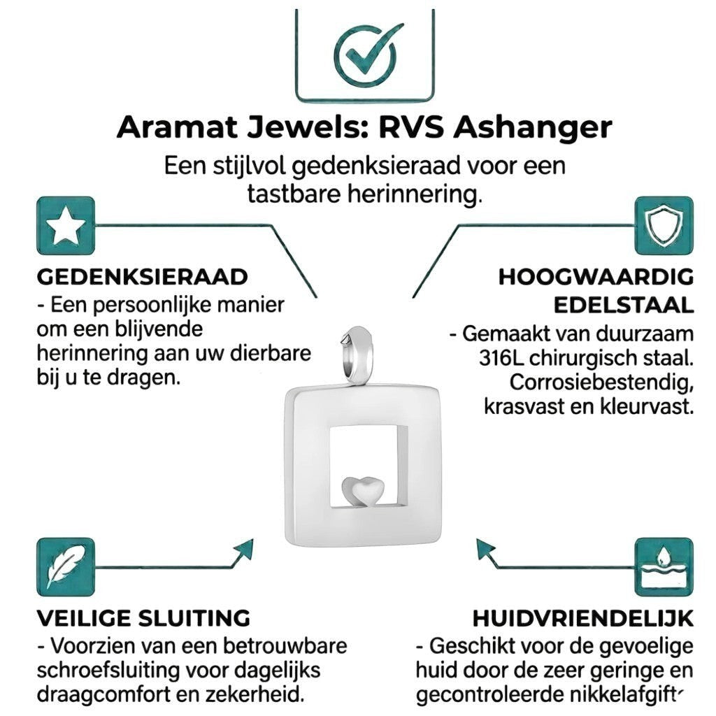 Aramat Jewels zilverkleurige vierkante ashanger met hartje, 26x19mm, gemaakt van RVS, met schroefsluiting.