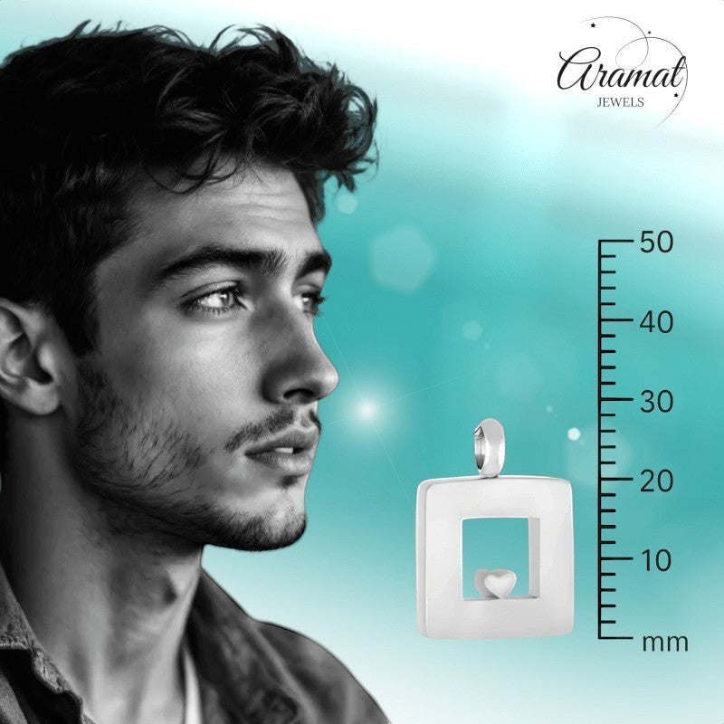 Aramat Jewels zilverkleurige RVS vierkante ashanger met hartje, 26x19mm, waterbestendig gedenksieraad.