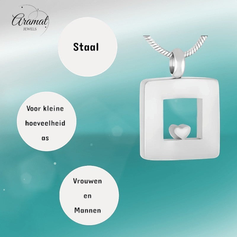 Aramat Jewels zilverkleurige vierkante ashanger van roestvrij staal met hartje, 26x19mm