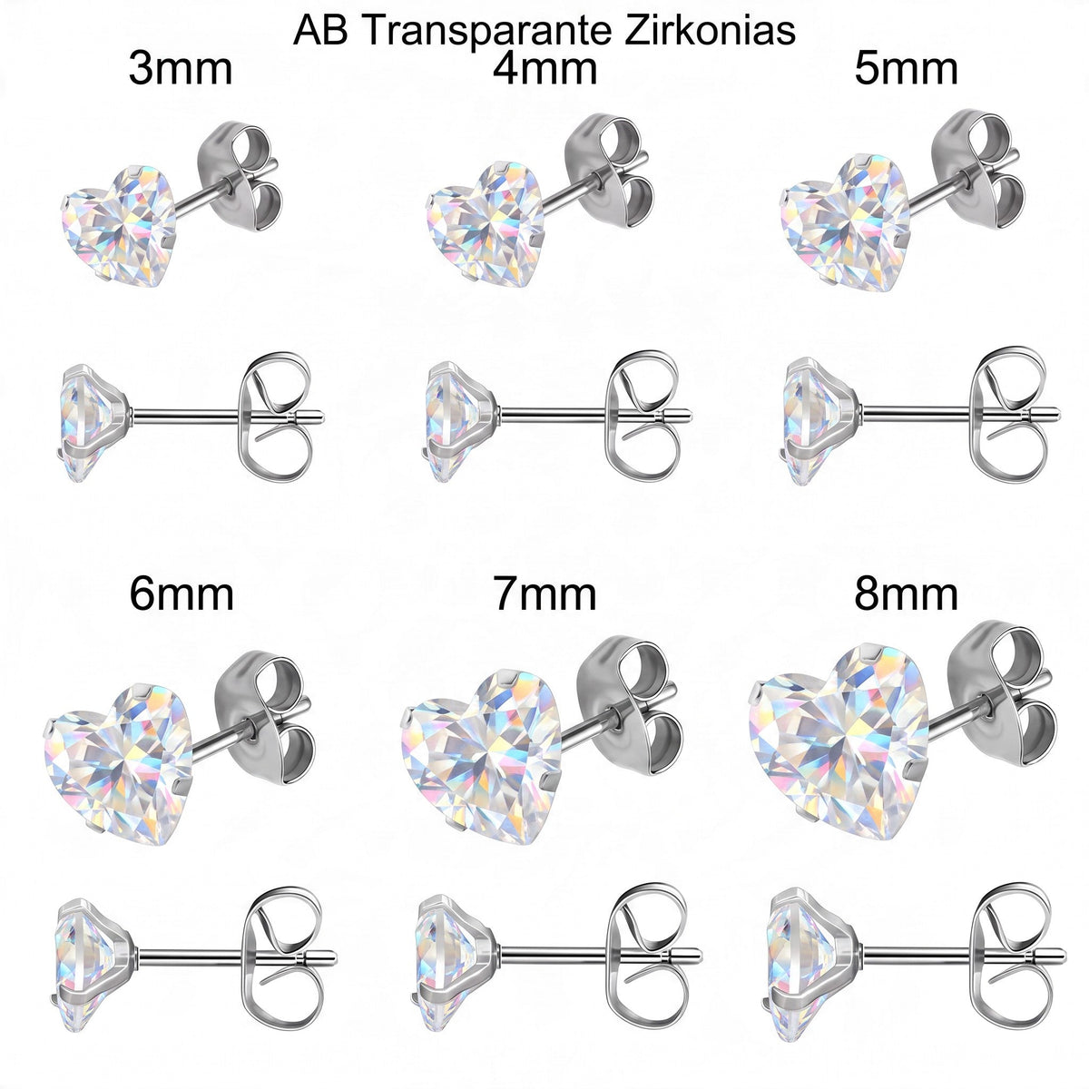 Aramat Jewels hartjes oorstekers van RVS met transparante AB-zirkonia in verschillende maten van 3 tot 8 mm.