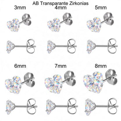 Aramat Jewels hartjes oorstekers van RVS met transparante AB-zirkonia in verschillende maten van 3 tot 8 mm.