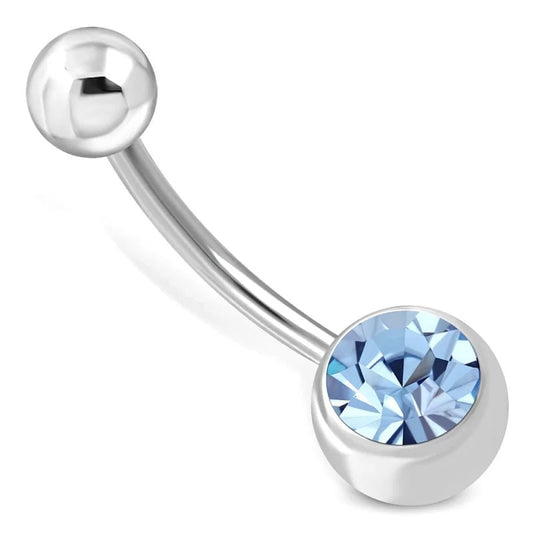 Aramat Jewels navelpiercing van RVS met een sprankelende blauwe zirkonia steen en zilverkleurig staafje van 25mm.