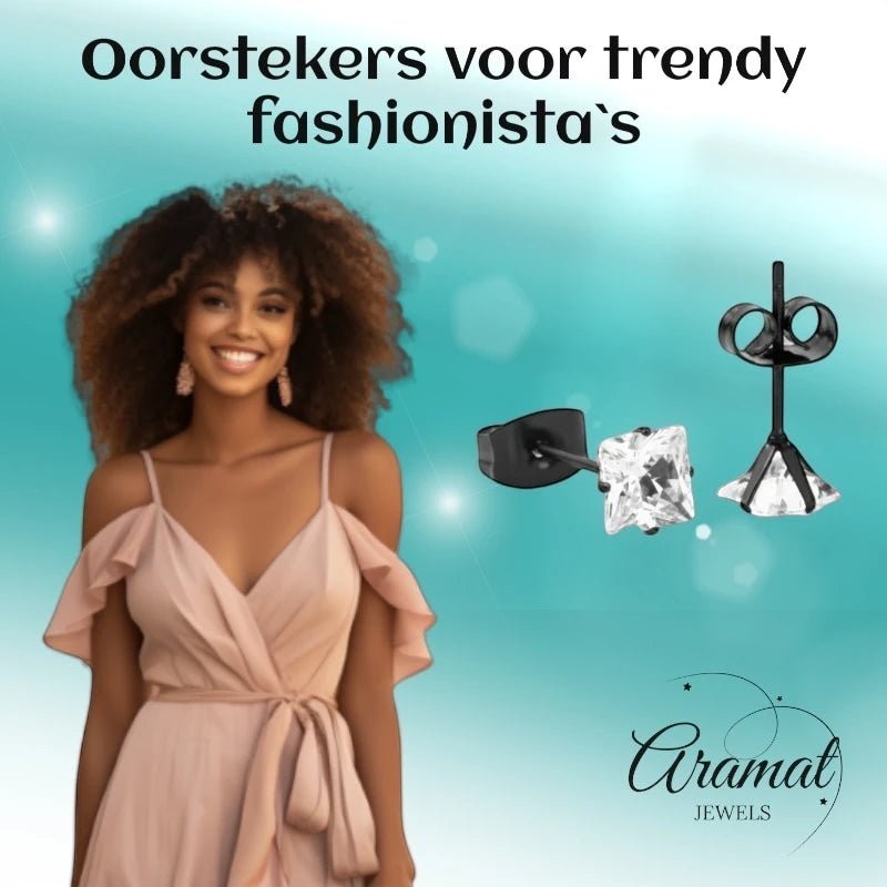 Aramat Jewels zwarte RVS oorbellen met vierkante zirkonia steen van 5mm