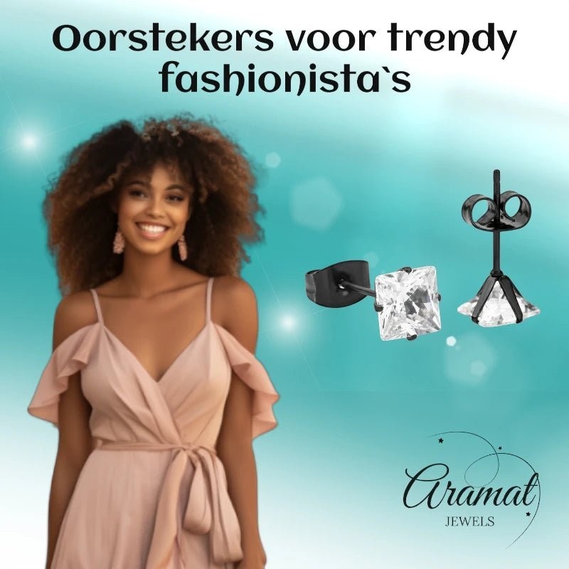 Aramat Jewels zwarte RVS oorbellen met vierkante transparante zirkonia (6mm)