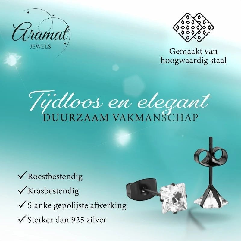 Aramat Jewels zwarte RVS oorbellen met 5mm vierkante zirkonia steen, tijdloos en elegant.
