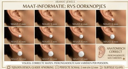 Aramat Jewels maattabel voor RVS oorknopjes met verschillende diameters van 2 tot 12 mm op een oor getoond.