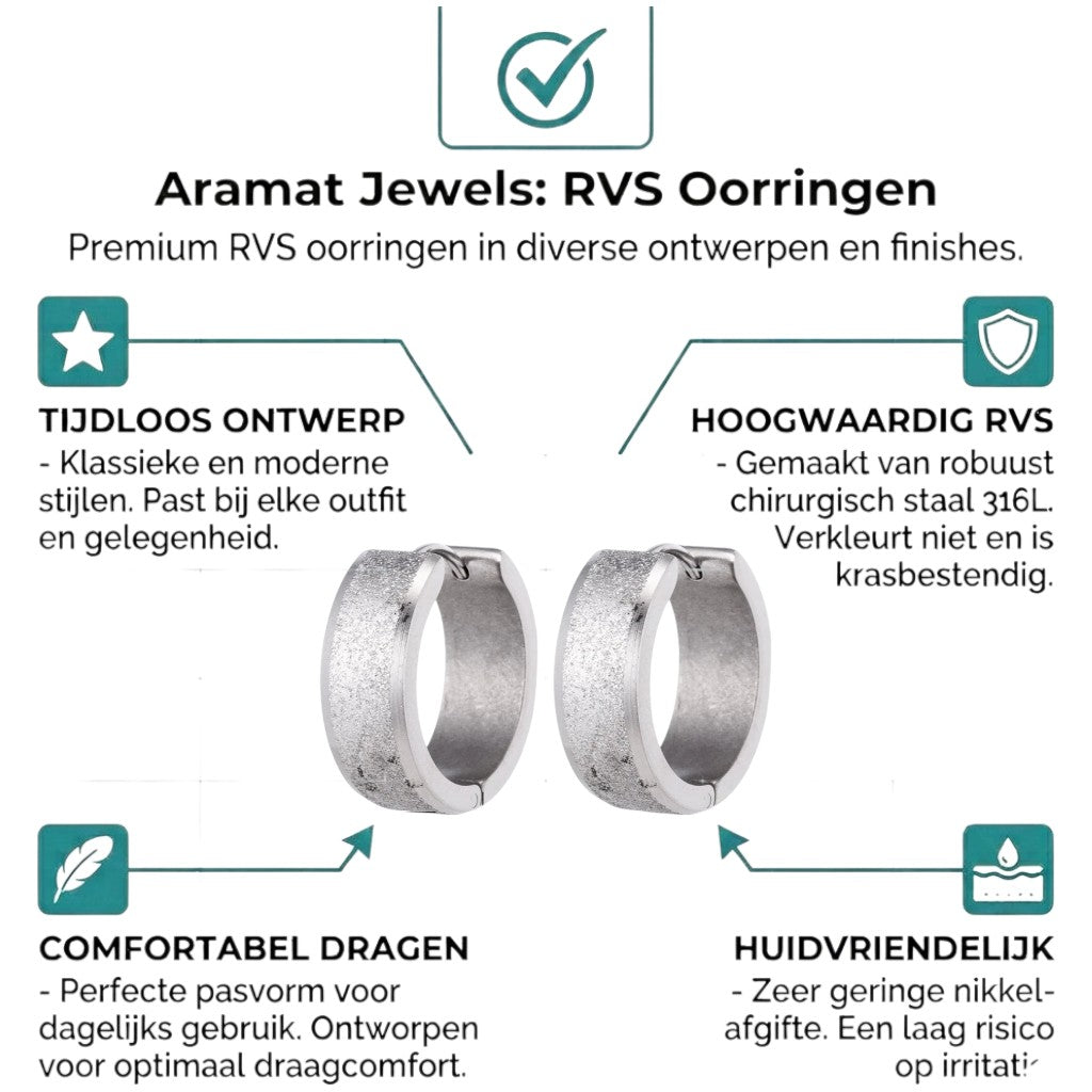 Aramat Jewels sandblasted silver-tone stainless steel huggie hoop earrings, 20mm diameter, matte finish.