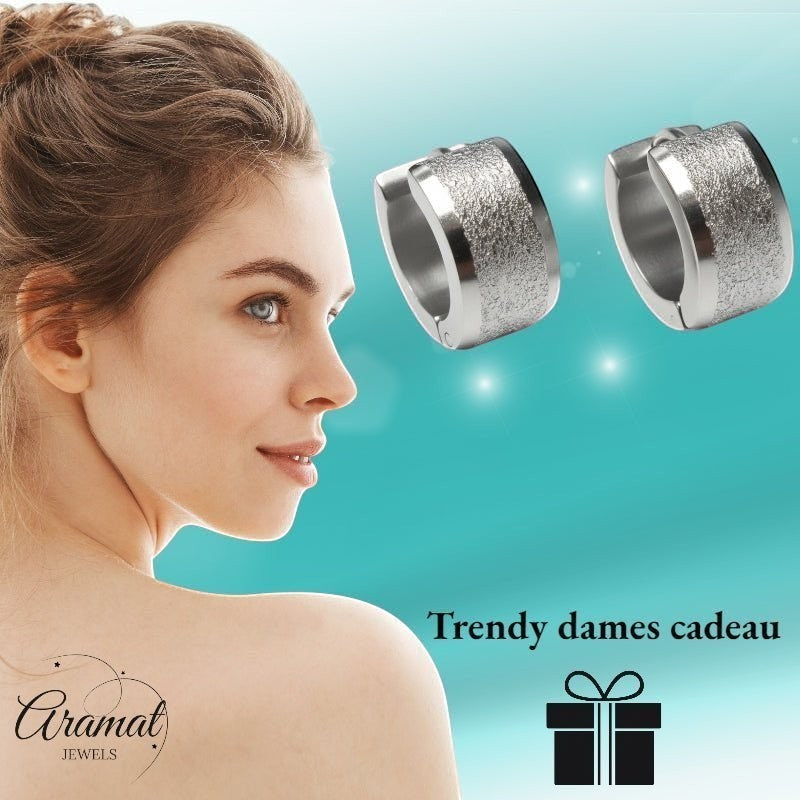 Aramat Jewels sandblasted silver-tone stainless steel huggie hoop earrings, 13mm, with a matte textured finish.