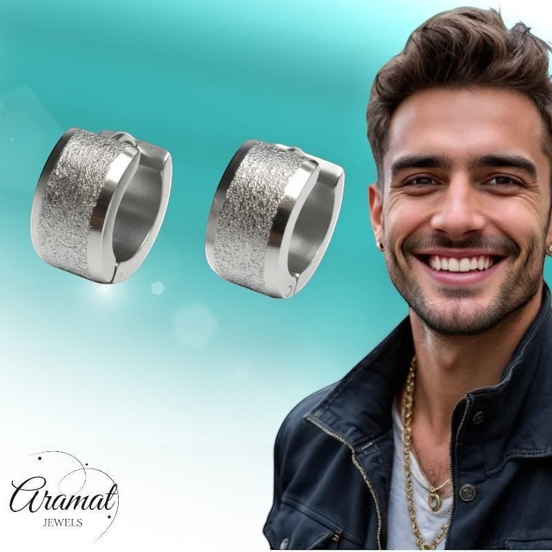 Aramat Jewels sandblasted silver-tone stainless steel huggie hoop earrings, 13mm, with a textured finish.