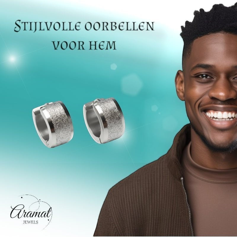 Aramat Jewels sandblasted silver-tone stainless steel huggie hoop earrings, 13mm, with a matte finish and a wide stripe detail.