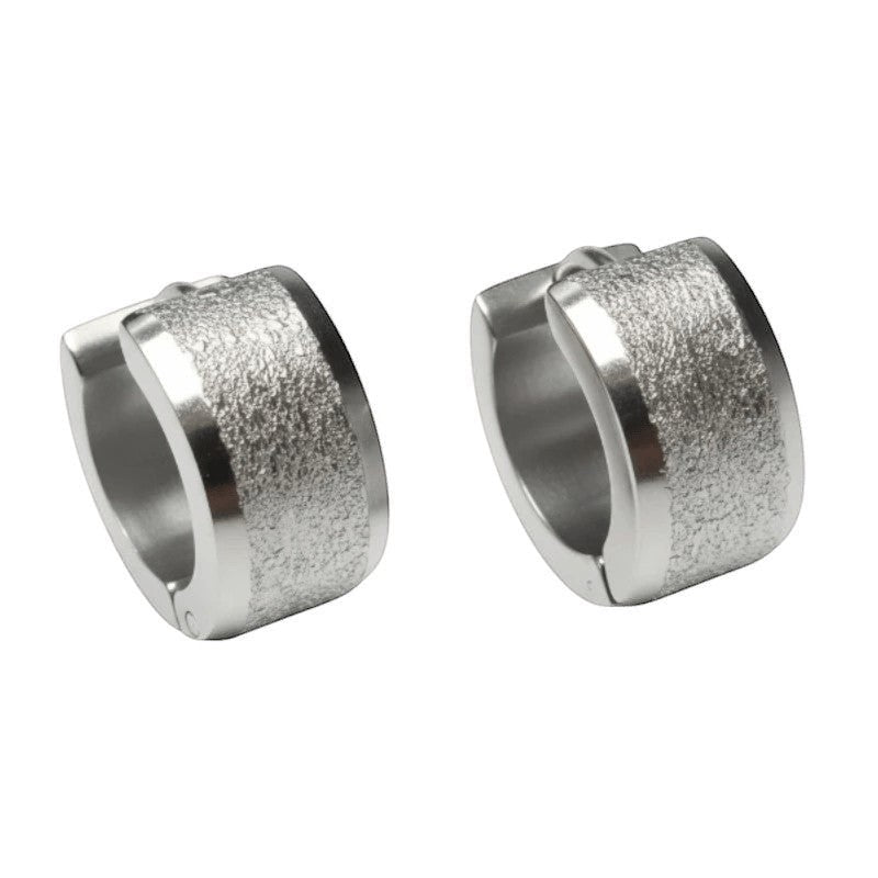 Aramat Jewels sandblasted silver-tone stainless steel huggie hoop earrings, 13mm, with a matte textured center.