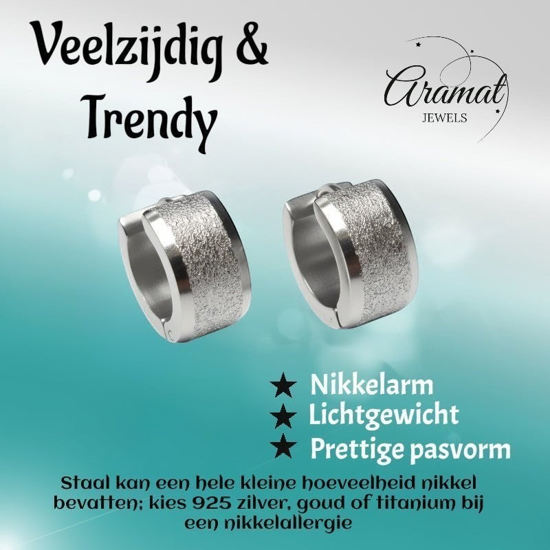 Aramat Jewels sandblasted silver-colored stainless steel huggie hoop earrings, 13mm, with a matte finish and a wide stripe.