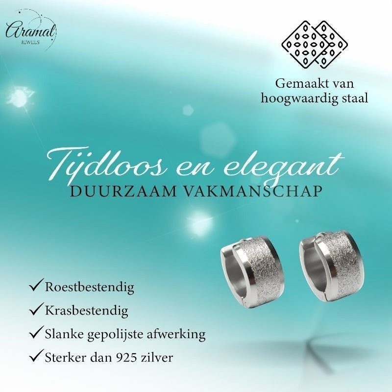 Aramat Jewels sandblasted silver-colored stainless steel huggie hoop earrings, 13mm, modern and timeless design.