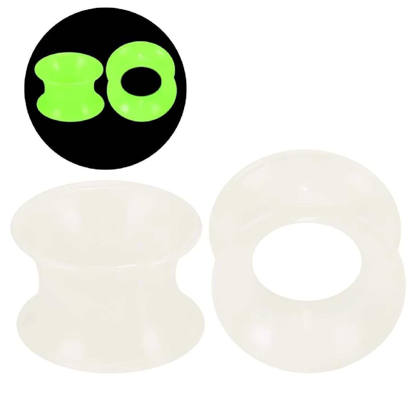 Aramat Jewels flexibele 8mm siliconen oortunnels in wit die in het donker oplichten als neon groen.