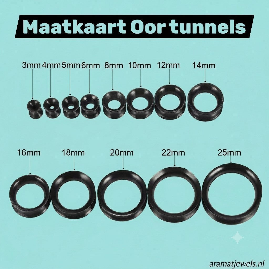 Aramat Jewels siliconen oortunnels in diverse maten van 3mm tot 25mm, ideaal voor gestretchte oren.
