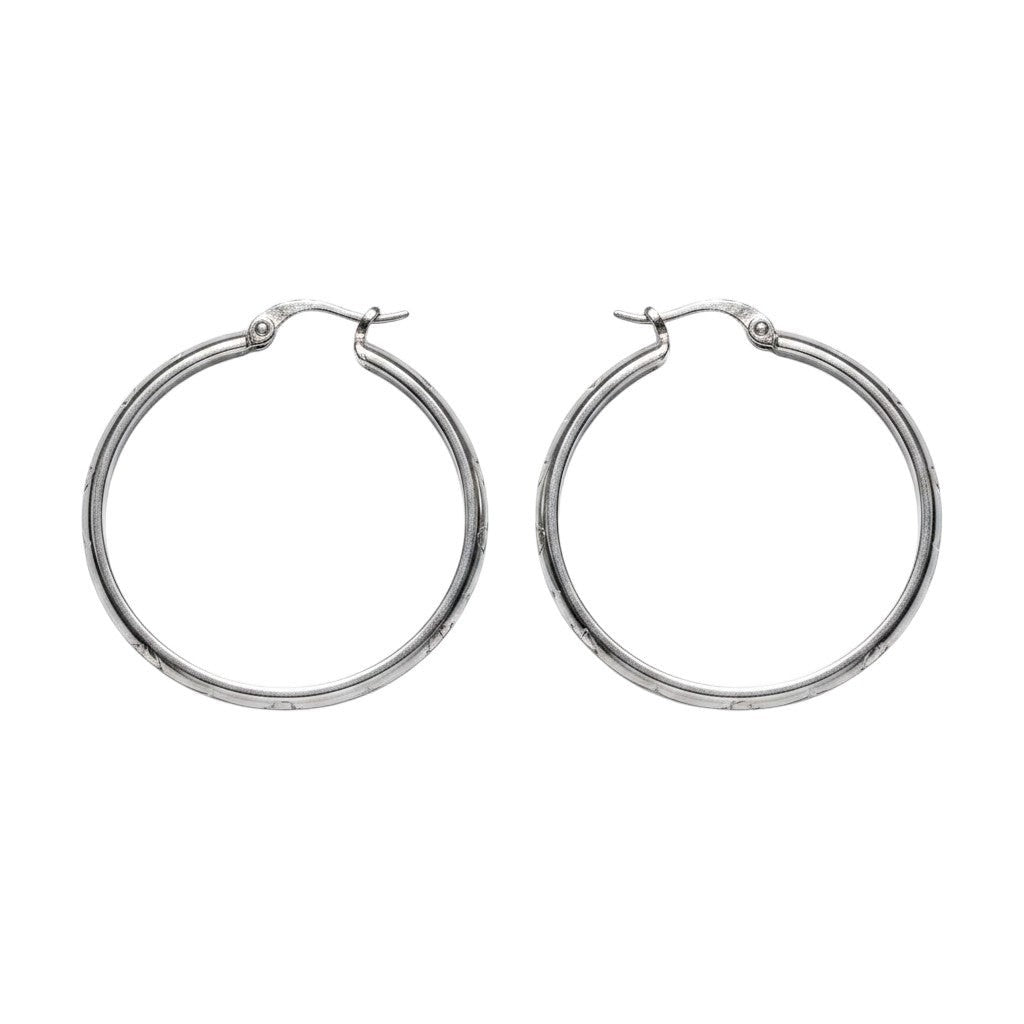 Aramat Jewels silver-tone stainless steel hoop earrings with anchor motif, 35mm diameter.