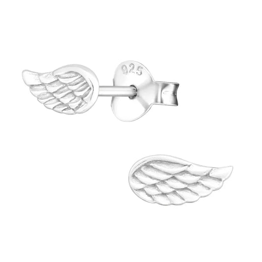 Aramat Jewels 925 sterling silver angel wing stud earrings with detailed engraved feather relief and butterfly backs.