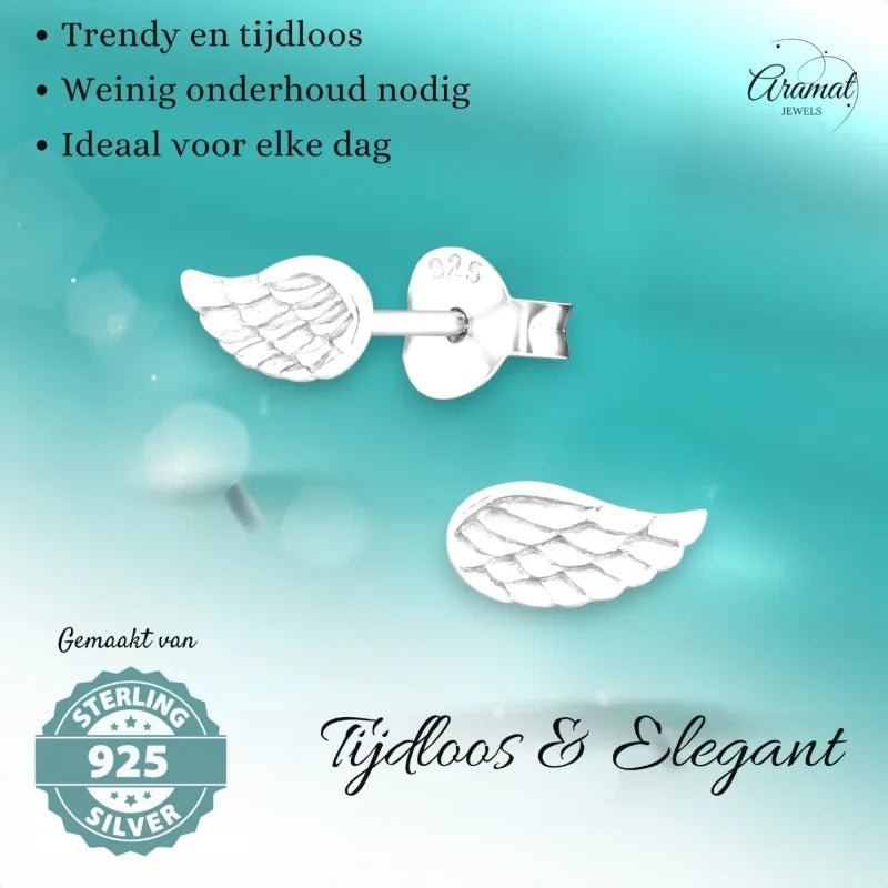 Aramat Jewels 925 sterling silver angel wing stud earrings with detailed engraved feather texture on a teal background.