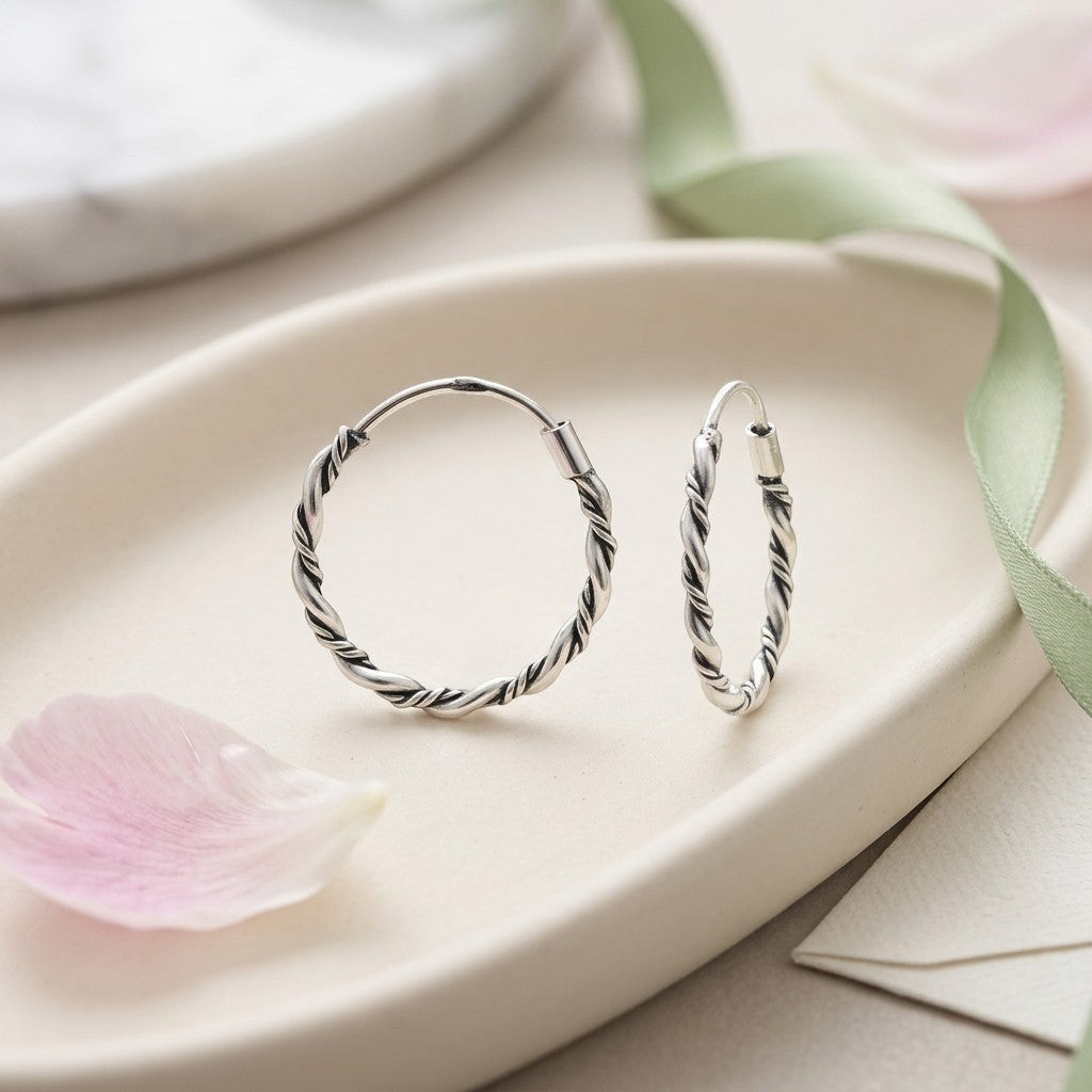 Aramat Jewels small twisted silver Bali hoop earrings, 16mm diameter, perfect for everyday or special occasions.