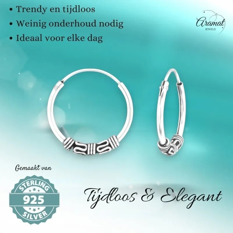 Aramat Jewels unisex sterling silver Bali hoop earrings, 16mm diameter, with intricate tribal bead details.