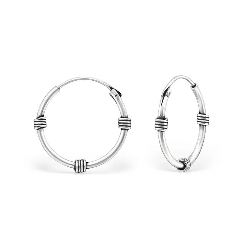 Aramat Jewels unisex silver Bali hoop earrings, 16mm diameter, with traditional banded design.