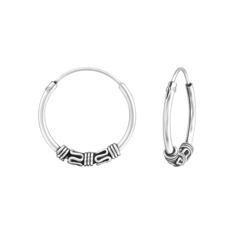 Aramat Jewels unisex 16mm silver Bali hoop earrings with intricate tribal detailing.