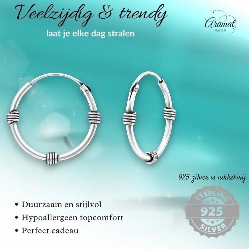 Aramat Jewels unisex 16mm silver Bali hoop earrings with ethnic detailing, 925 Sterling Silver, nickel-free.