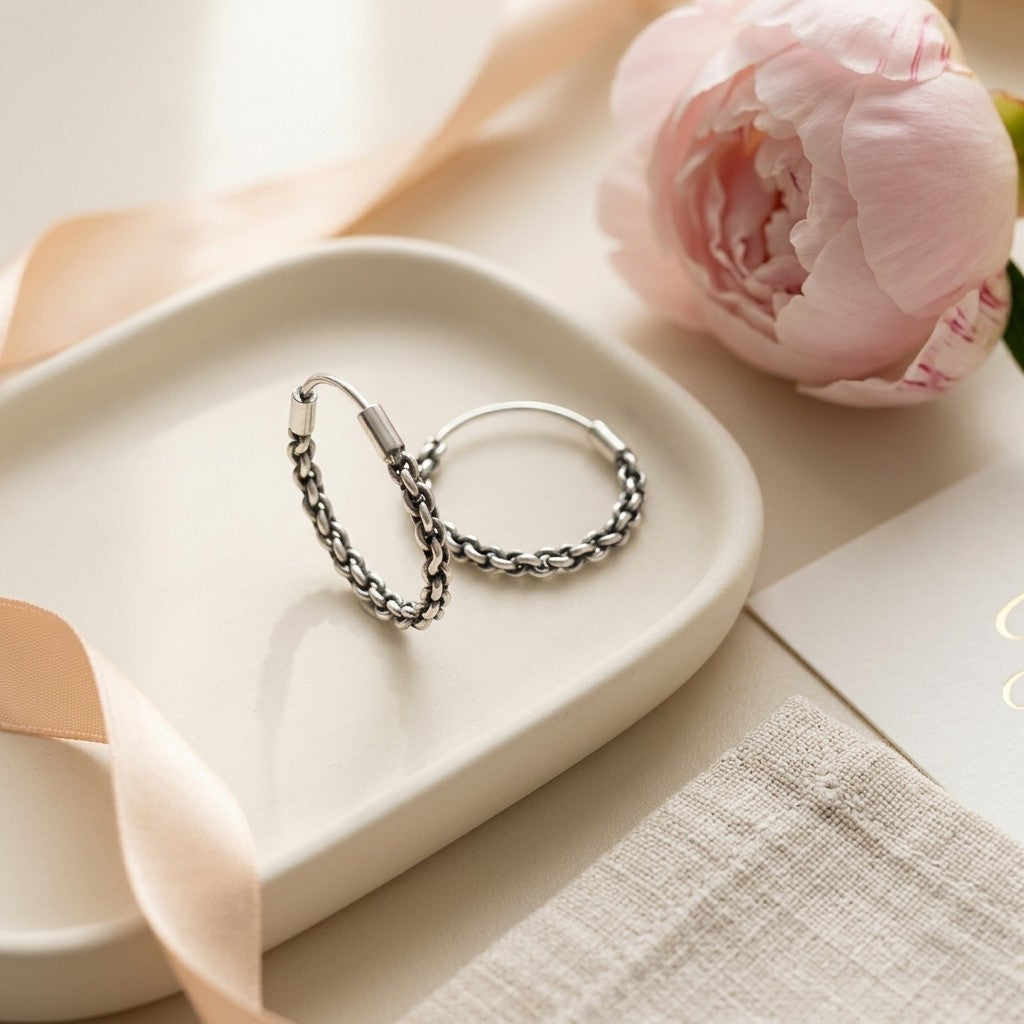 Aramat Jewels small silver Bali hoop earrings with a braided chain design, 16mm diameter, presented on a cream dish with a pink peony and ribbon.