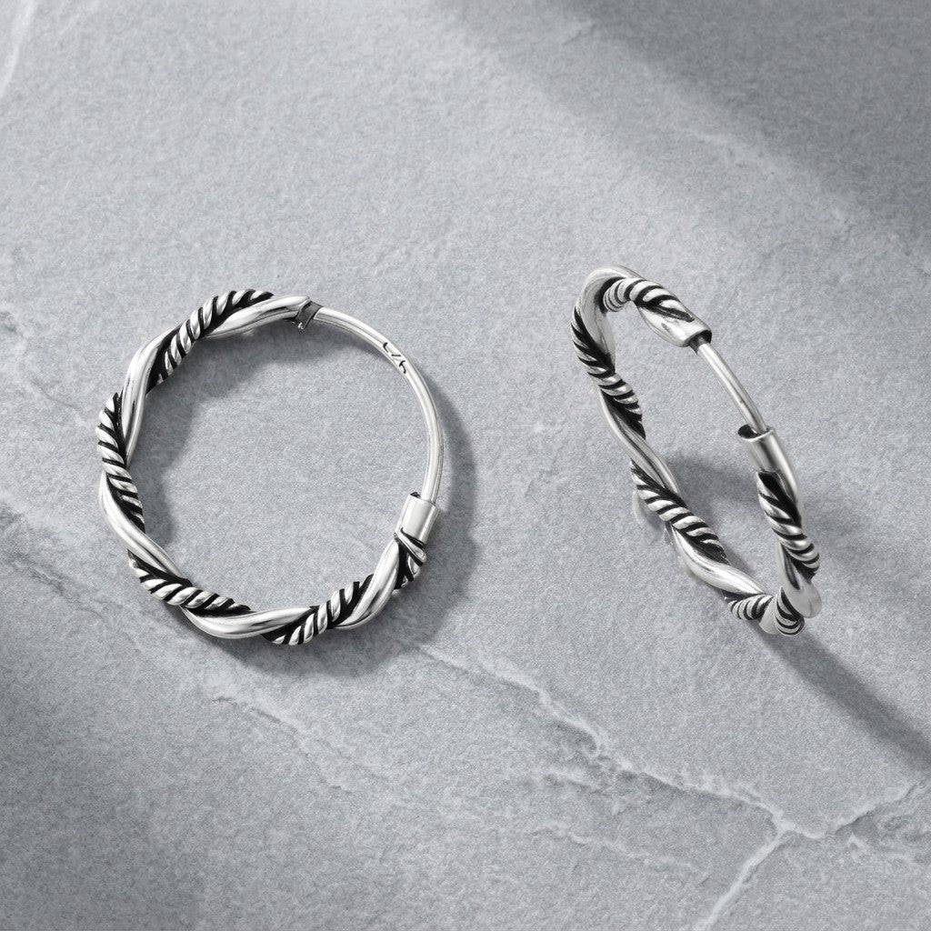 Aramat Jewels silver Bali hoop earrings, 16mm diameter, twisted rope design, timeless and versatile.