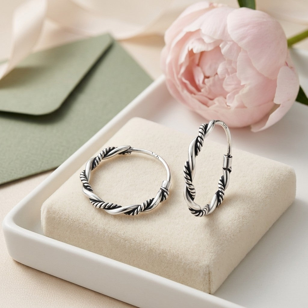 Aramat Jewels silver Bali hoop earrings, 16mm diameter, twisted rope design, timeless and versatile.
