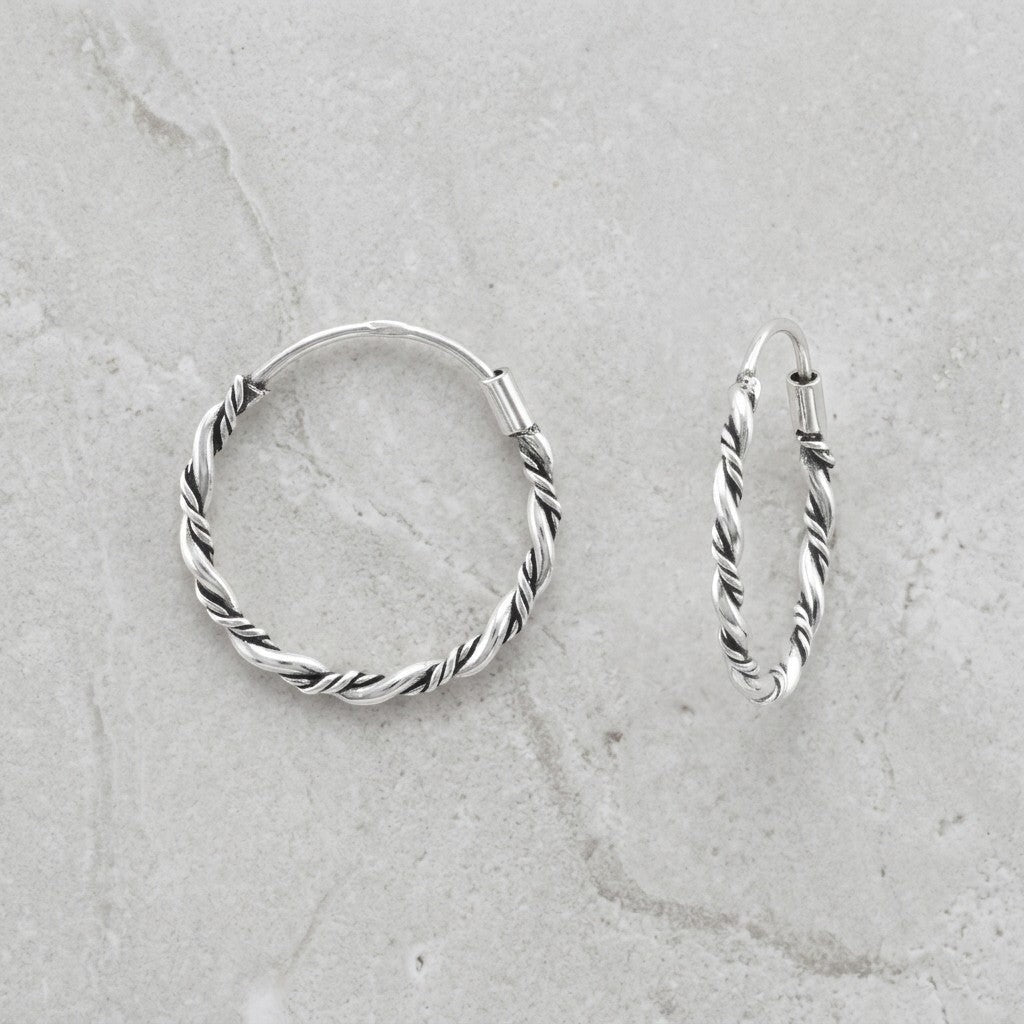 Aramat Jewels small silver Bali hoop earrings, 16mm diameter, twisted rope design, nickel-free 925 silver.
