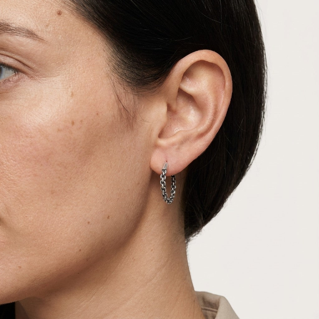 Aramat Jewels small silver Bali hoop earrings with a chain link design, 16mm diameter.