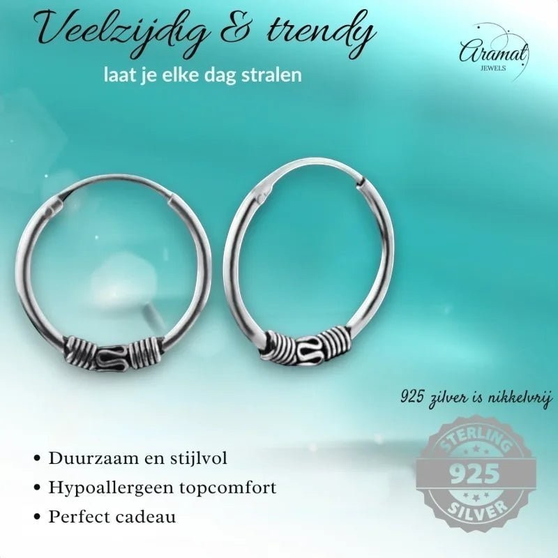 Aramat Jewels unisex 16mm silver Bali hoop earrings with intricate detailing. Hypoallergenic and durable.