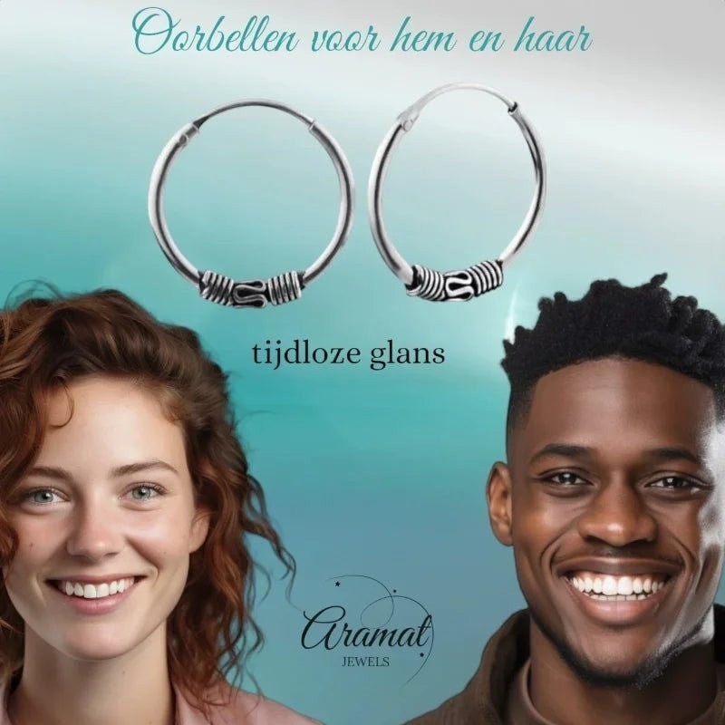 Aramat Jewels unisex 16mm silver Bali hoop earrings with tribal detailing. Shown on a smiling woman and man.