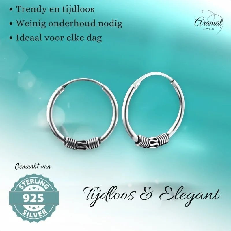 Aramat Jewels unisex 16mm silver Bali hoop earrings with intricate tribal detailing. Timeless and elegant design.
