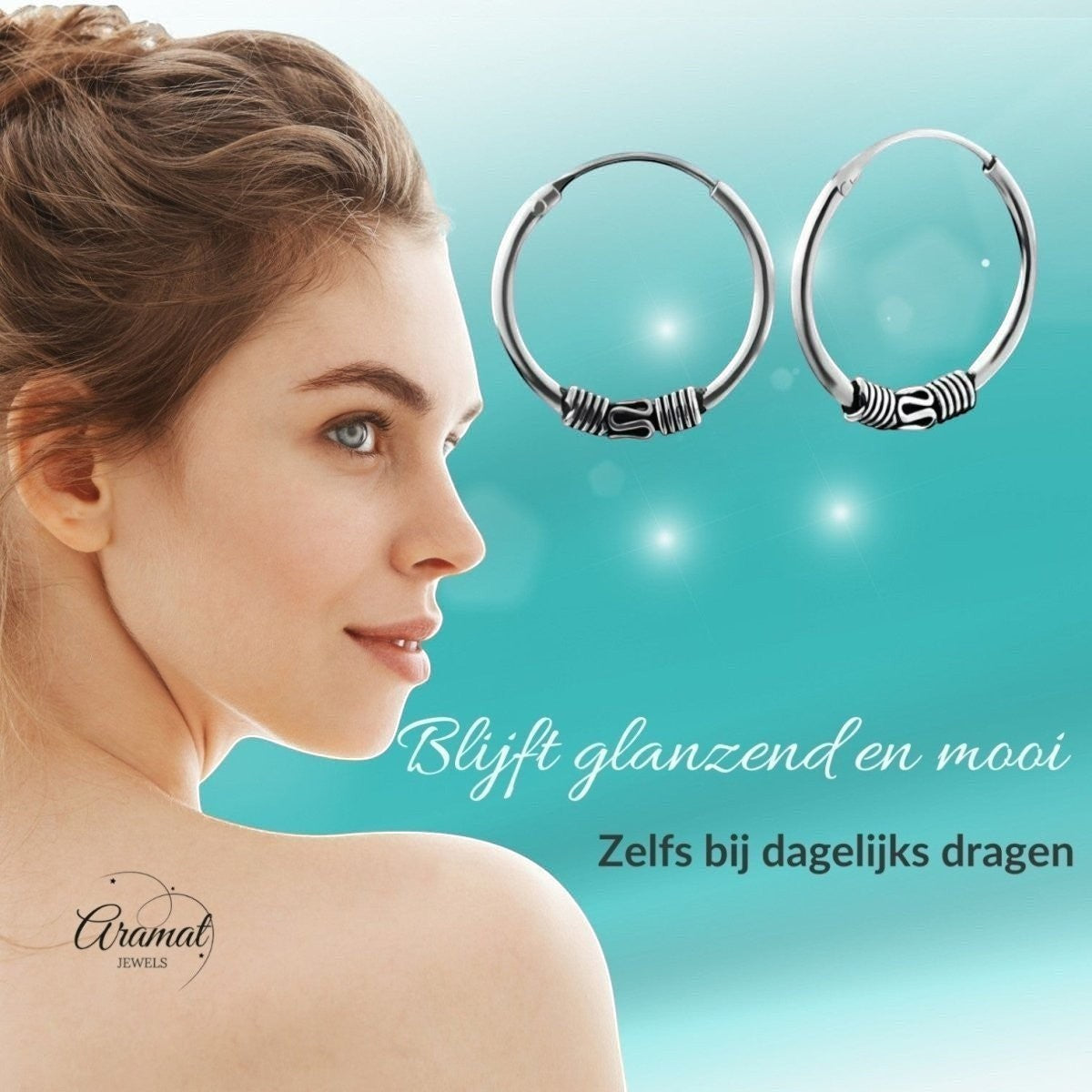 Aramat Jewels unisex 16mm silver Bali hoop earrings with ethnic detailing, worn by a woman.