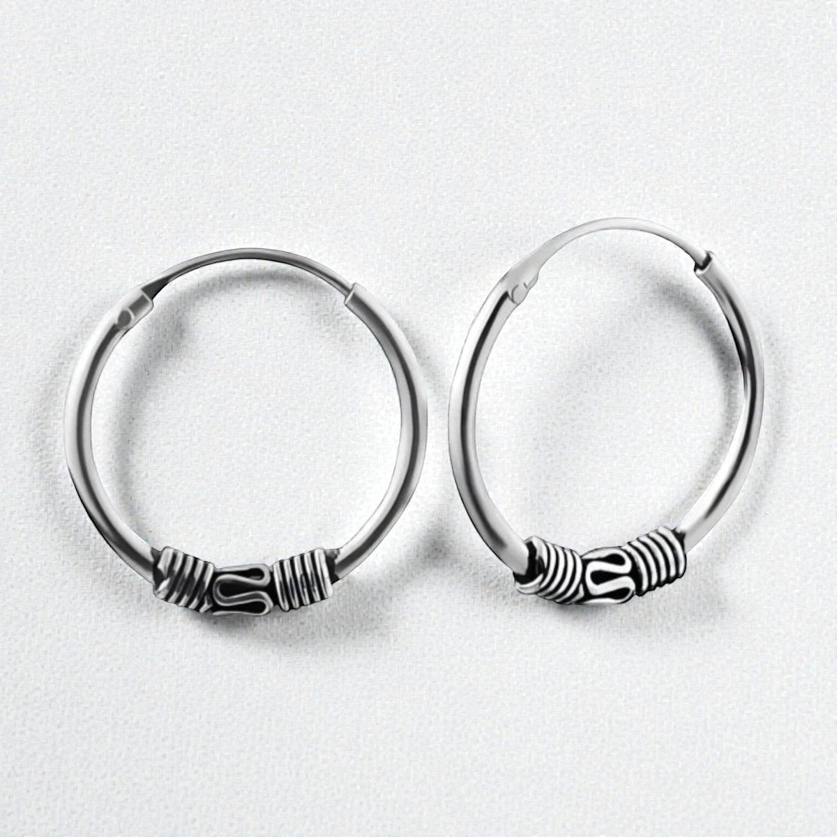 Aramat Jewels unisex silver Bali hoop earrings, 16mm diameter, with etched detailing. Classic and versatile.