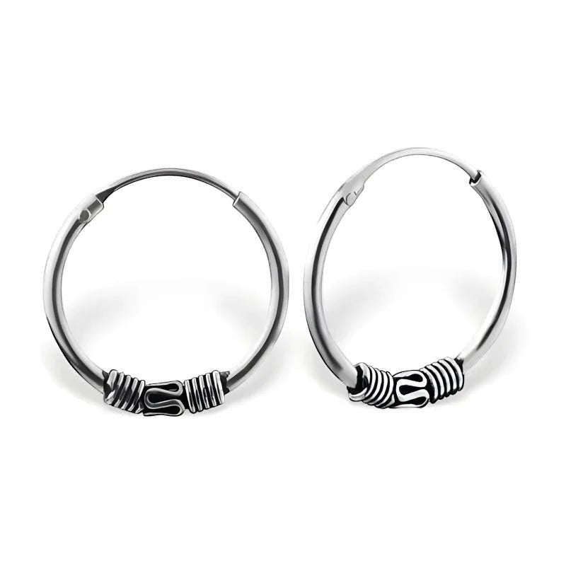 Aramat Jewels unisex silver Bali hoop earrings, 16mm diameter, with intricate tribal-inspired detailing.